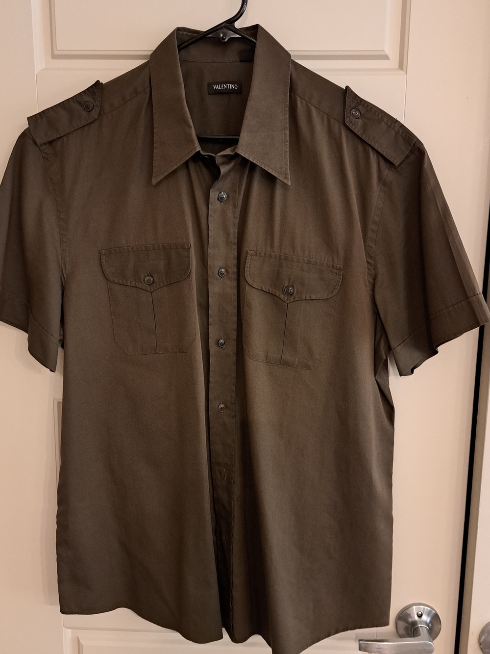 Valentino Olive Green Short-Sleeve Button-Down Military Shirt